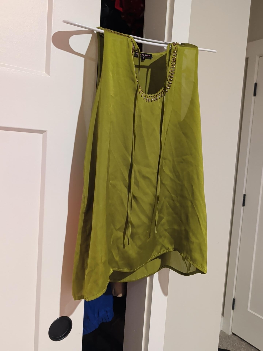 Beaded Olive Green Sleeveless Blouse - Women's Top